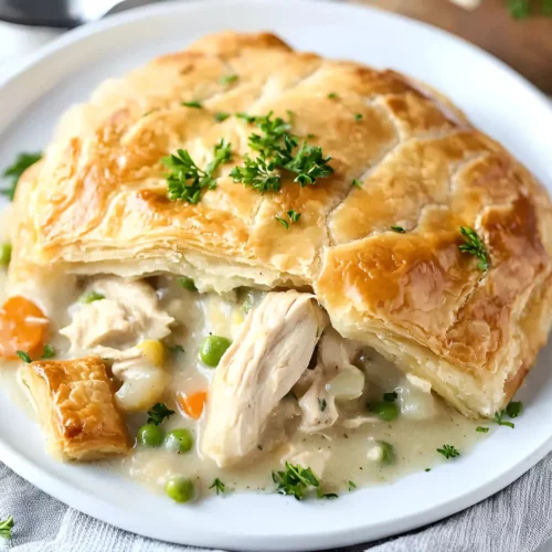Homemade chicken pot pie with crispy crust and tender shredded chicken filling
