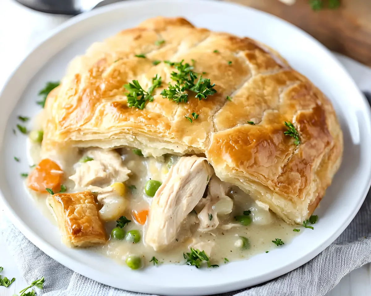 Homemade chicken pot pie with crispy crust and tender shredded chicken filling