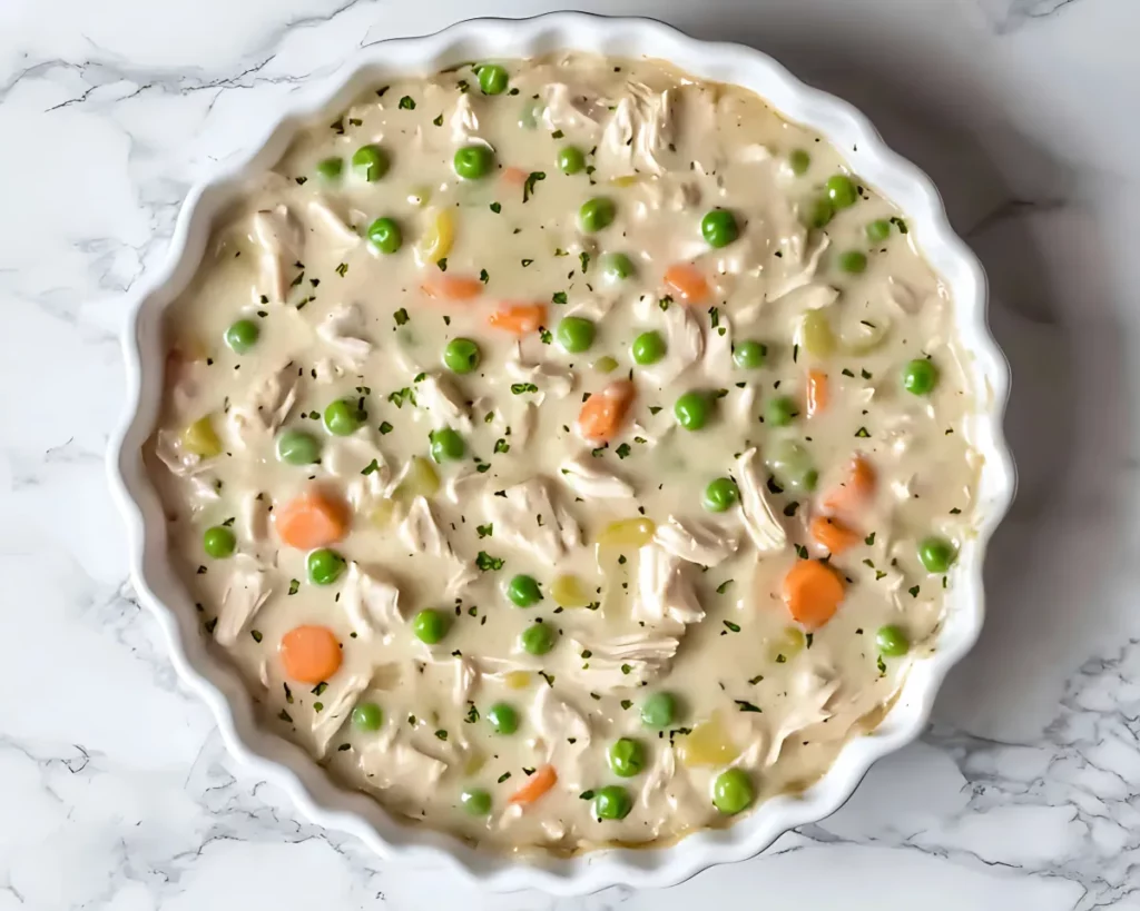 Unbaked chicken pot pie filling with shredded chicken peas and carrots in a pie dish
