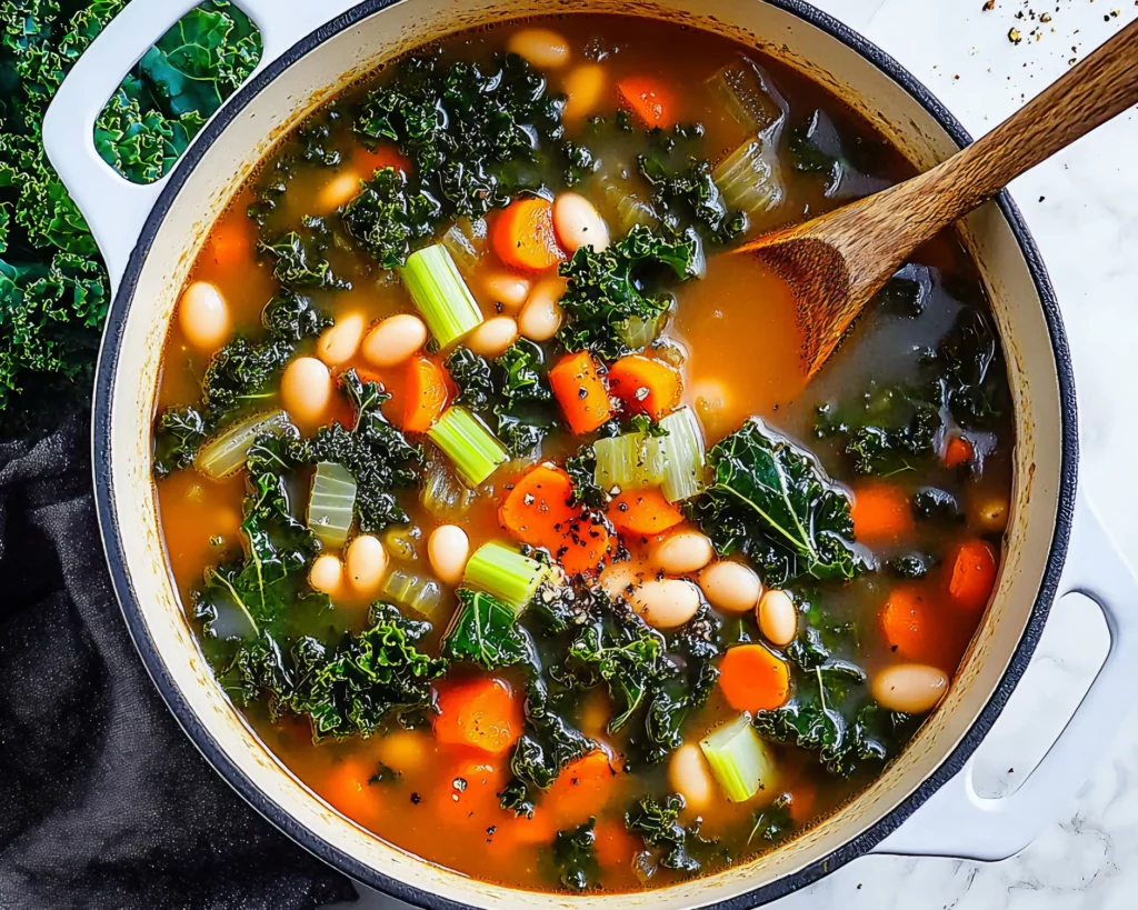 Adding seasoning to vegetable kale and bean soup with wooden spoon