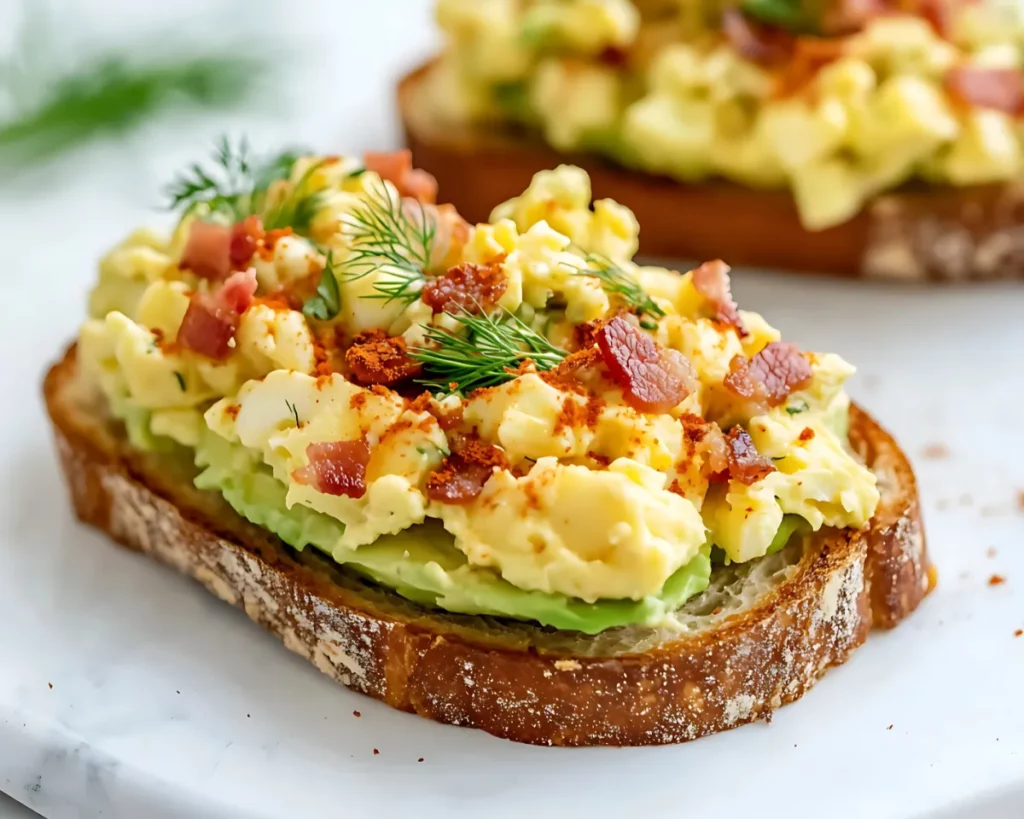 Avocado egg toast topped with bacon and dill