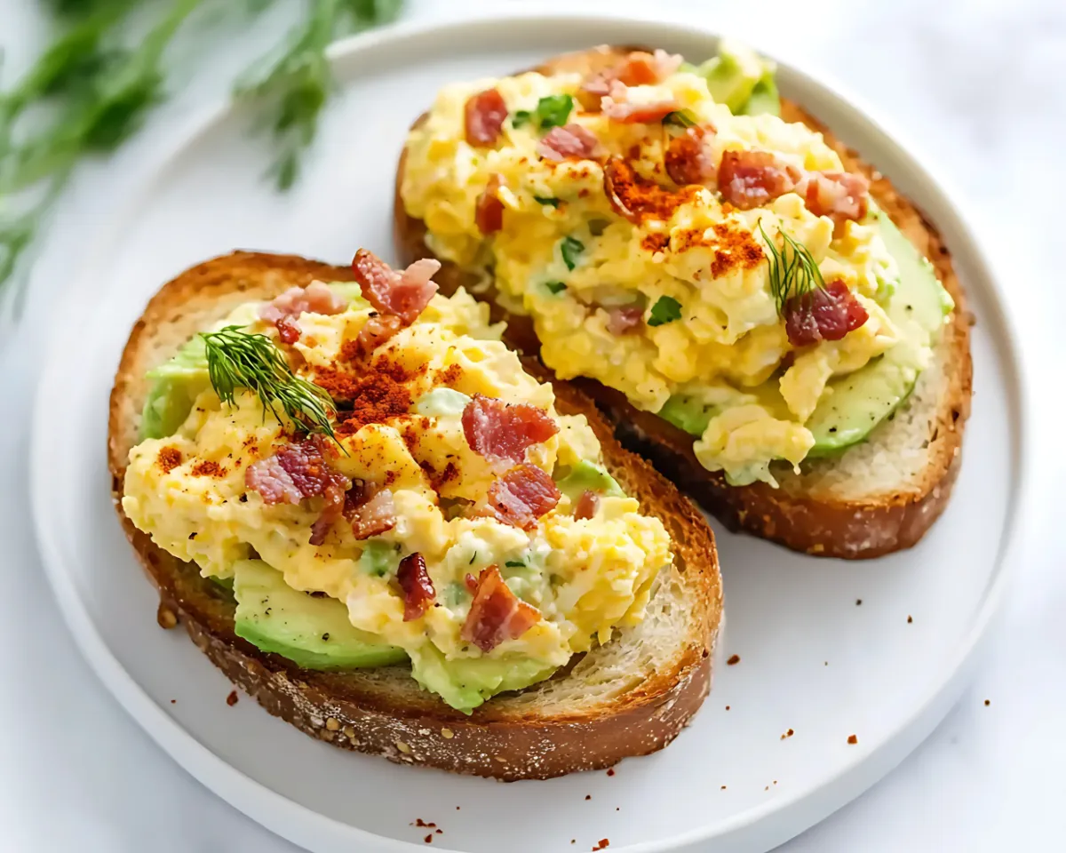 Avocado egg toast with bacon on plate
