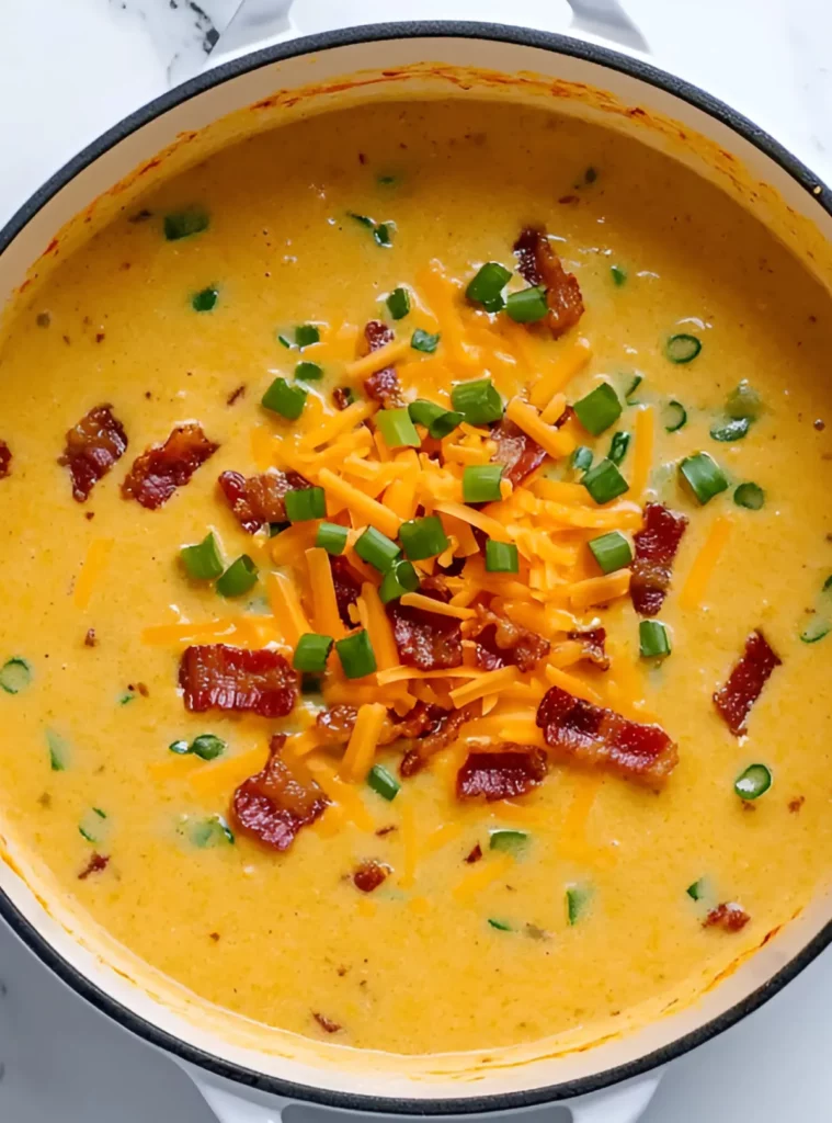 Bacon cheeseburger soup in a white pot with toppings