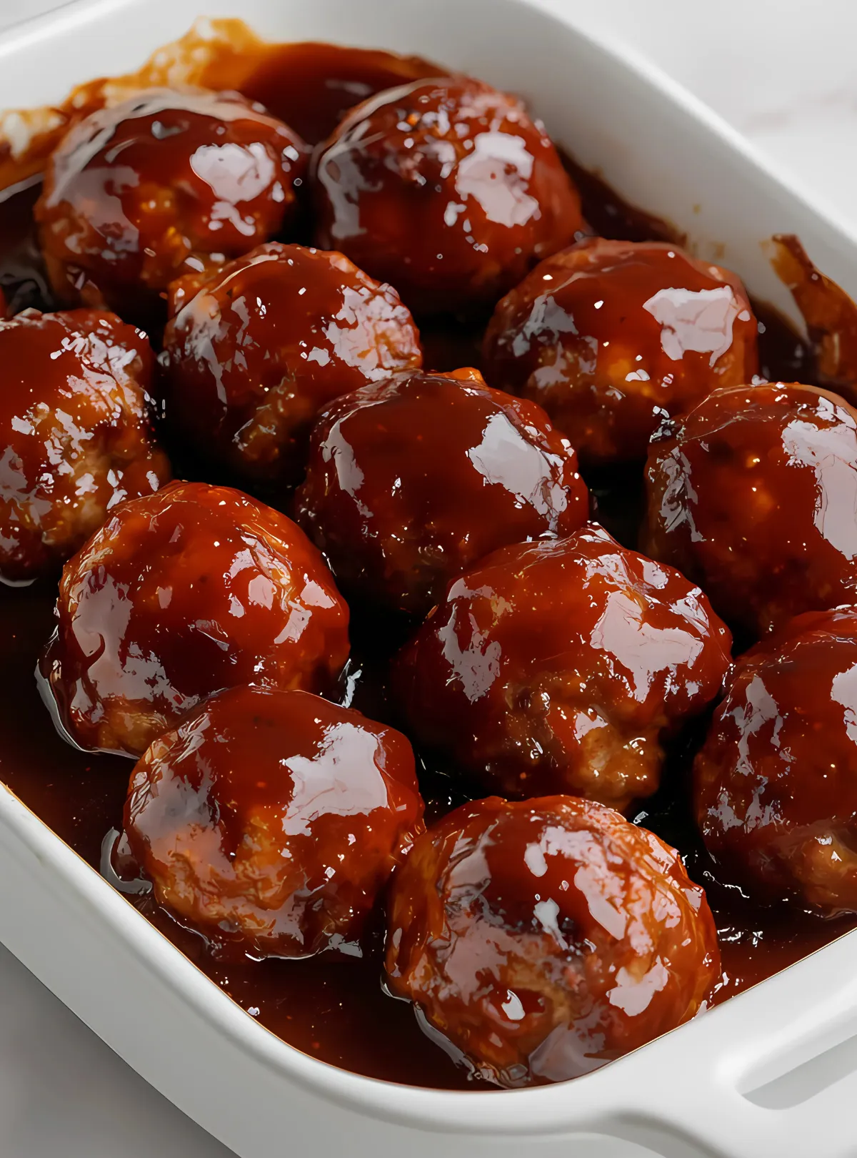 Baked meatballs coated in barbecue sauce in a white ceramic dish