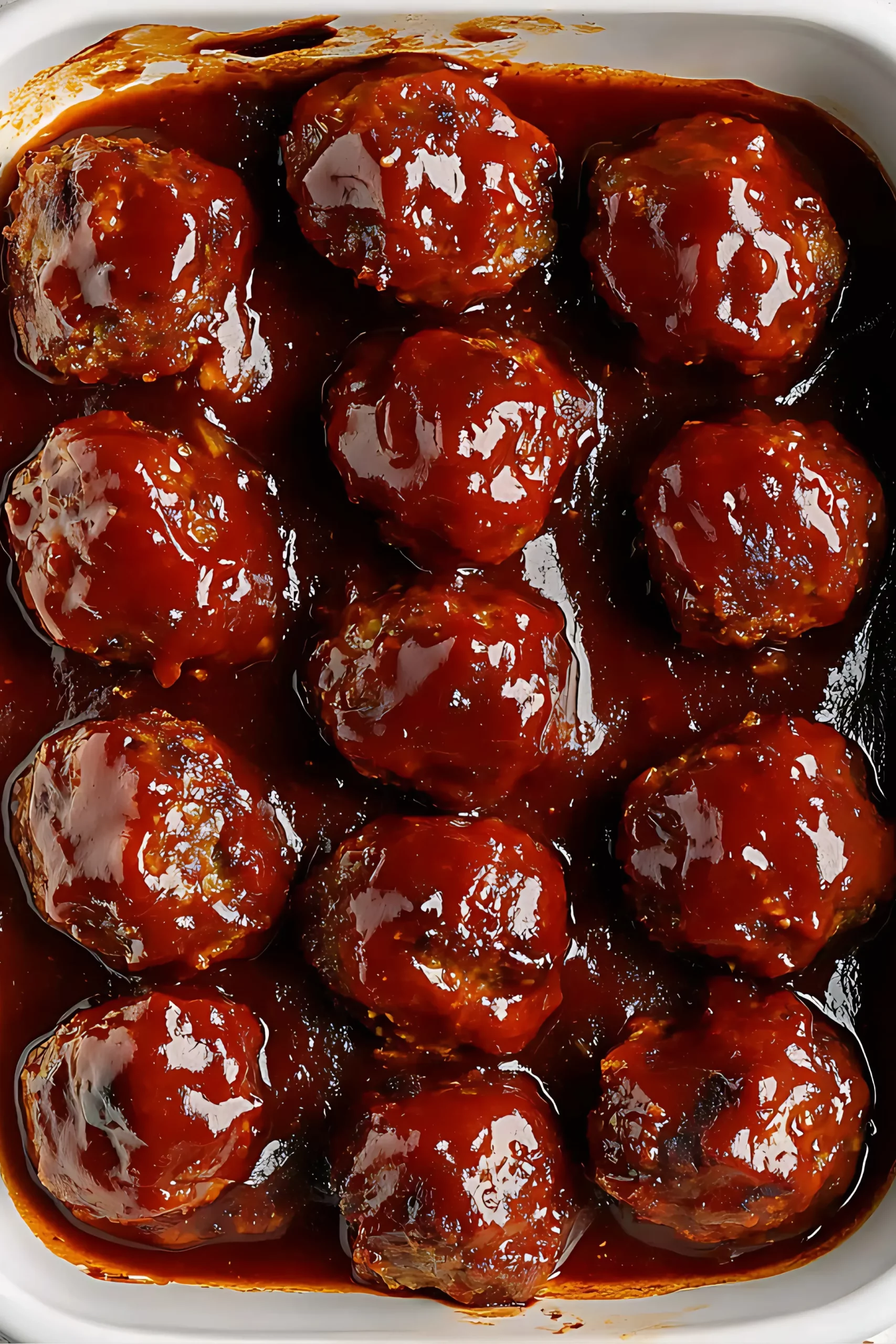 Baked meatballs heavily coated in shiny barbecue sauce in a white dish