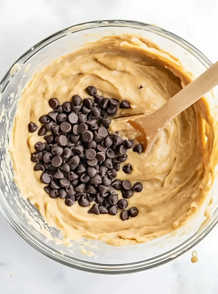 Banana bread batter with chocolate chips ready for baking