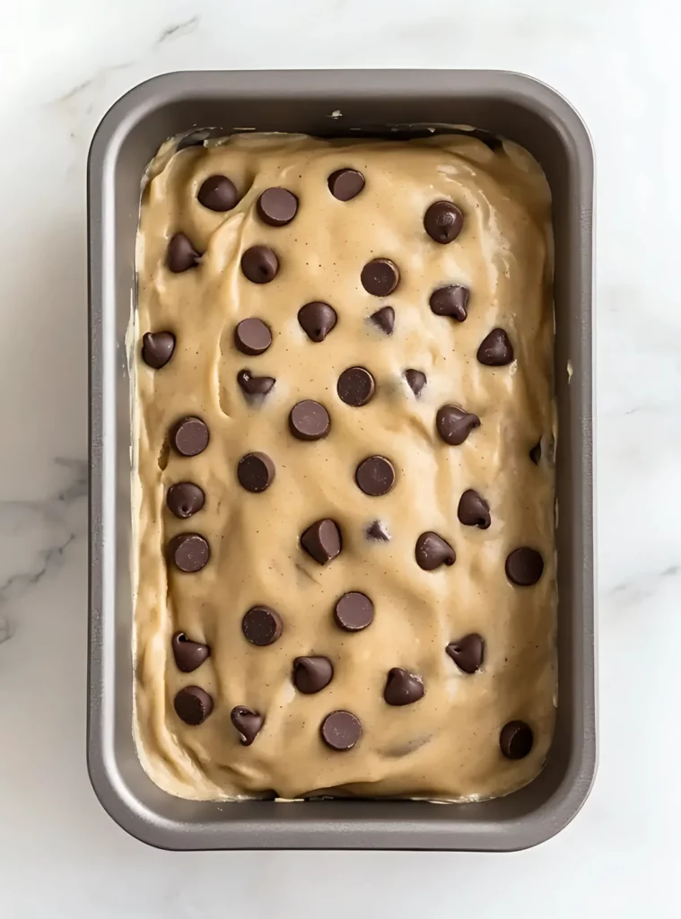 Banana bread batter with chocolate chips spread in a gray loaf pan
