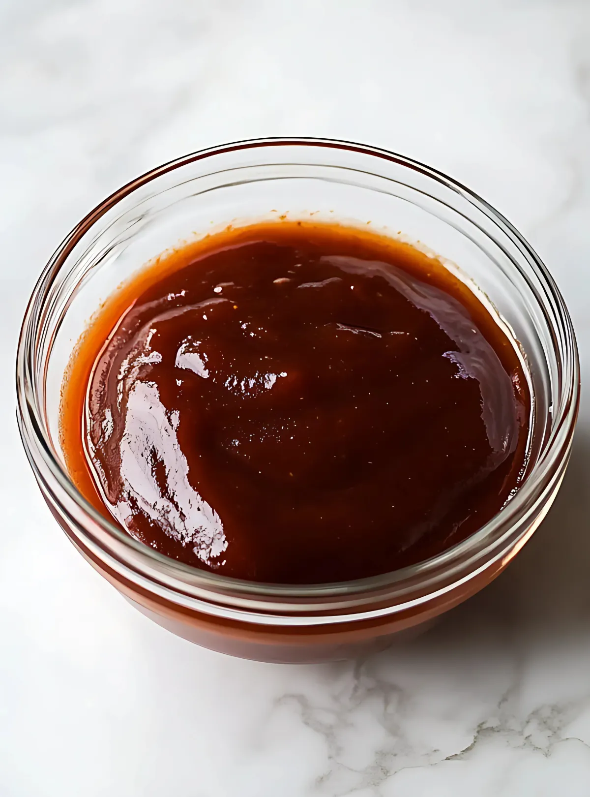Barbecue sauce in a clear glass bowl on a marble countertop