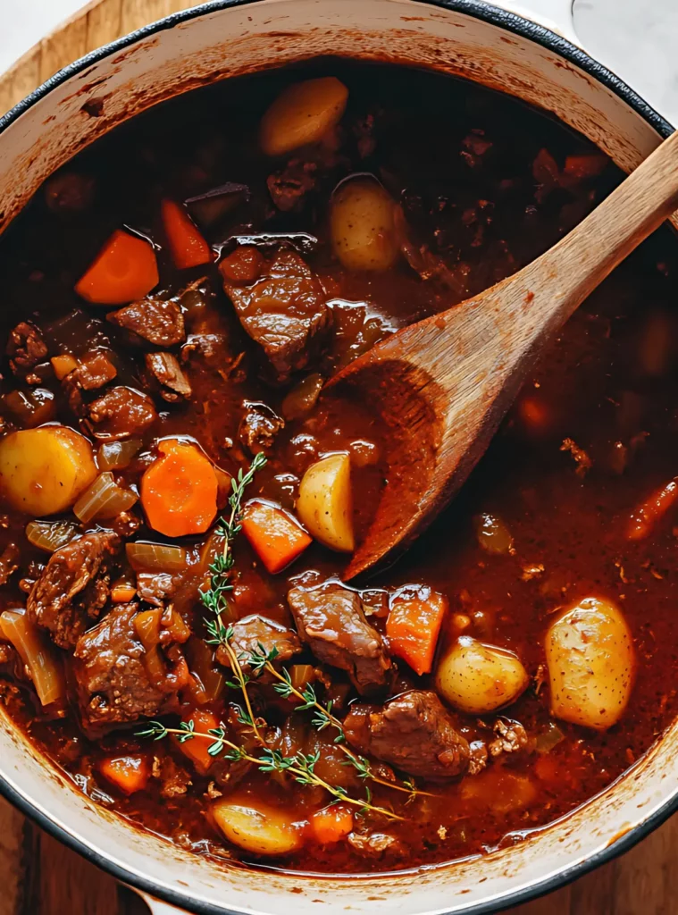 Beef and vegetable stew in a rustic pot with a wooden spoon mixing the ingredients