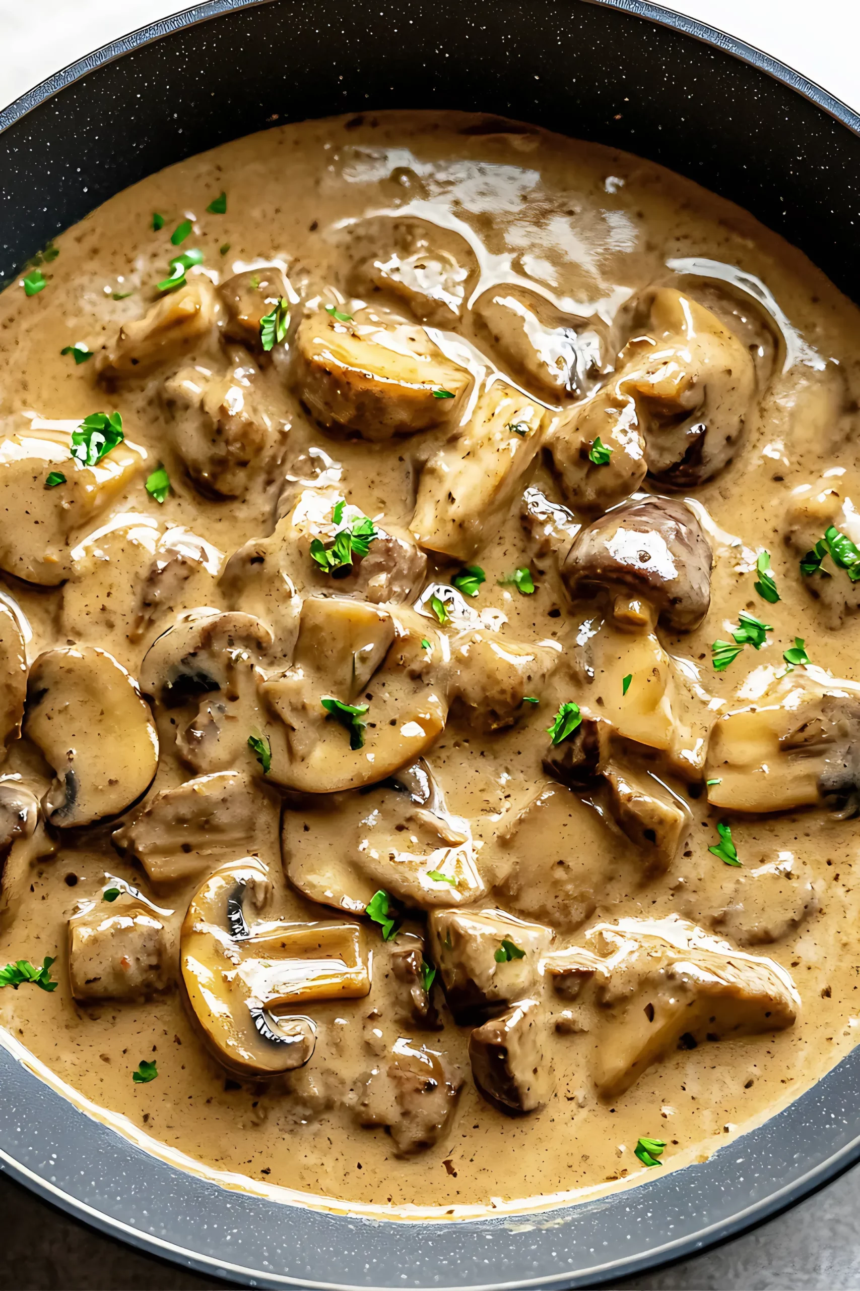 Beef stroganoff with sliced mushrooms in creamy sauce in black pan