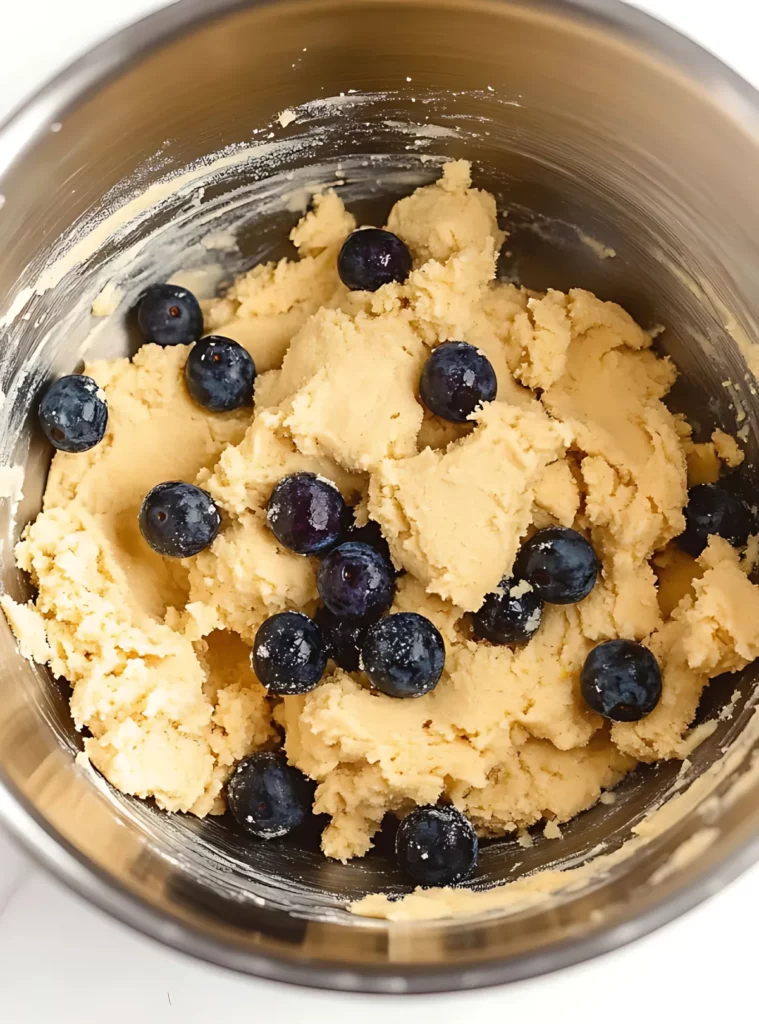 Blueberries on cookie dough in bowl