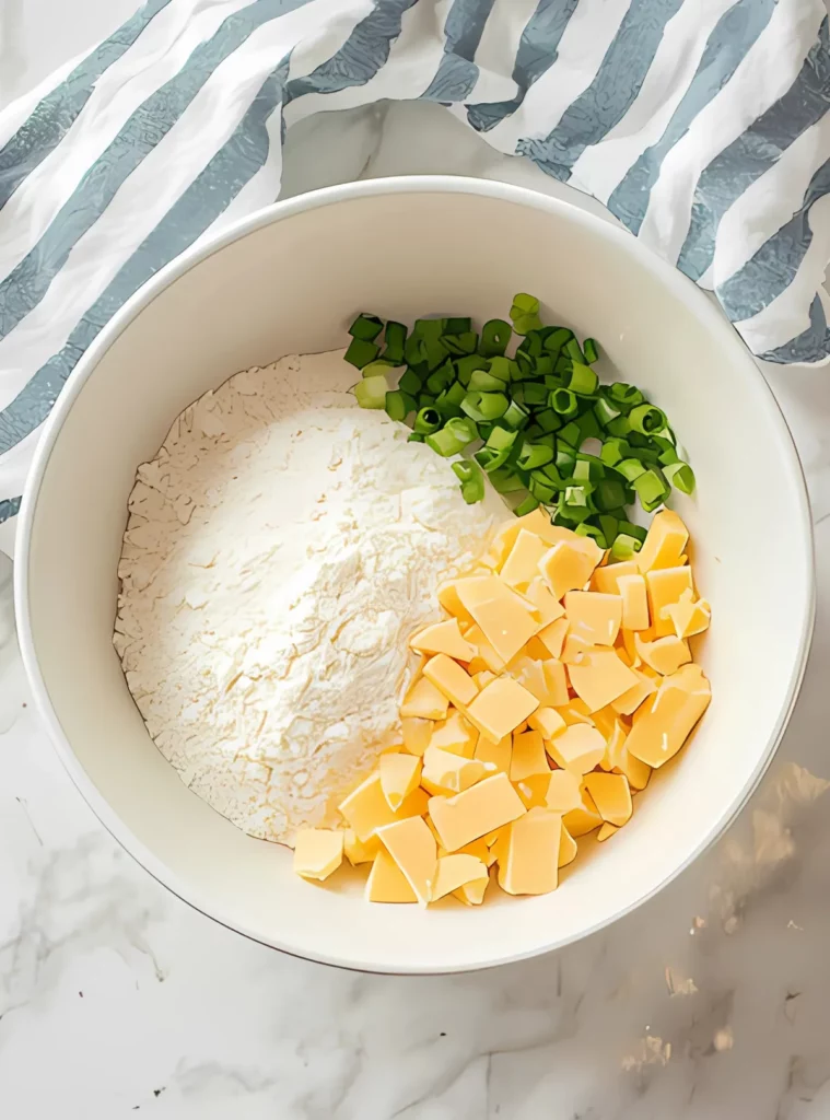 Bowl with flour cheese and green onions for Irish Cheddar Soda Bread