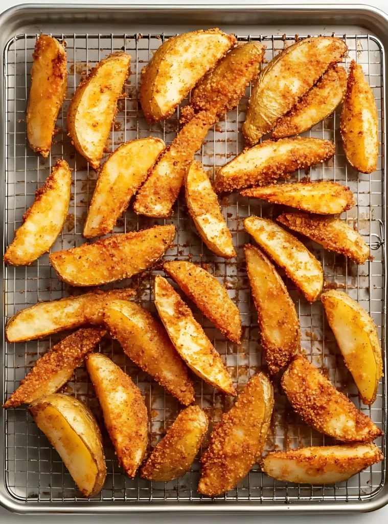 Breaded potato wedges on a wire rack