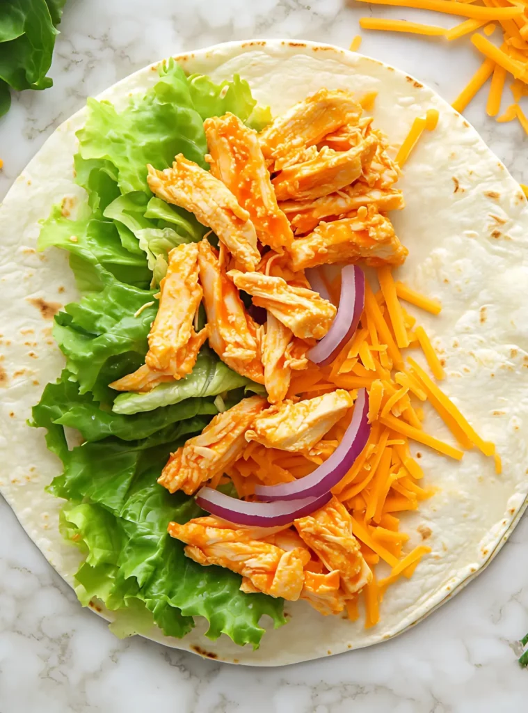 Buffalo chicken pieces on tortilla with vegetables