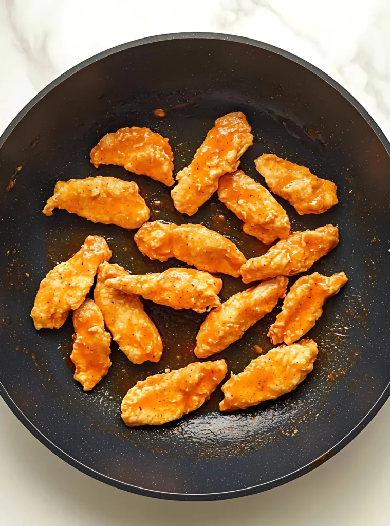 Buffalo chicken strips cooking in skillet