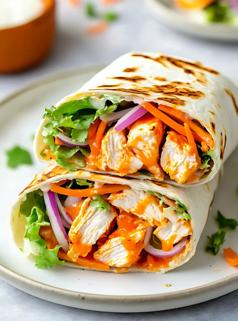 Buffalo chicken wrap cut in half on plate