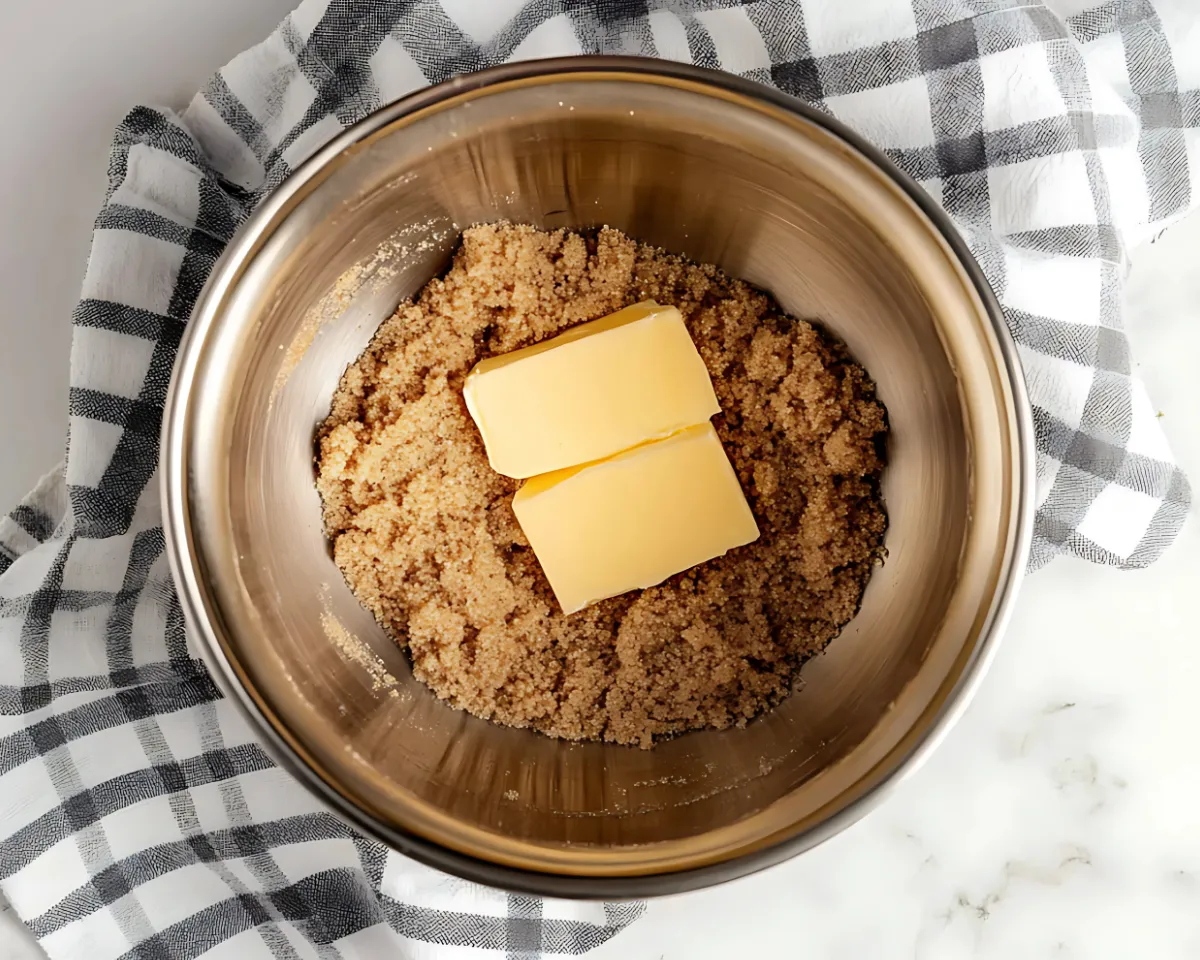 Butter and brown sugar in mixing bowl with checkered towel