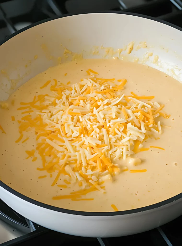 Cheese sauce with shredded cheddar in a pan