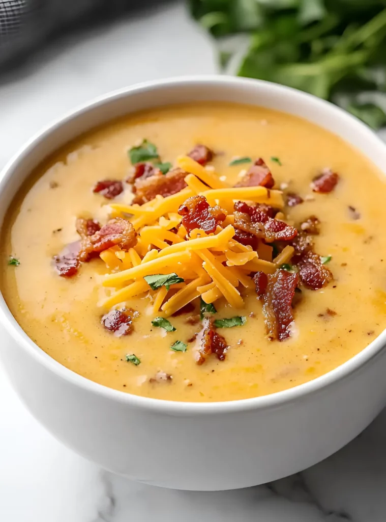 Cheeseburger soup in a white bowl topped with bacon and cheese