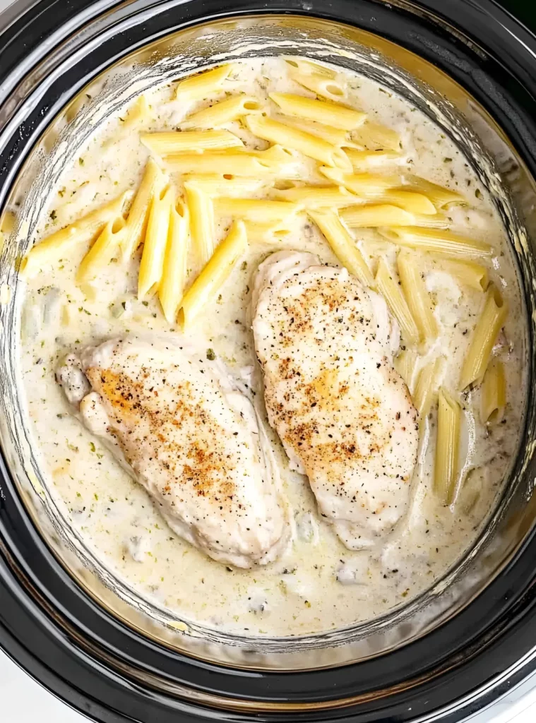Chicken and pasta in creamy sauce in crockpot