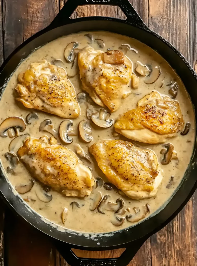Chicken breasts in creamy mushroom sauce with mushrooms in cast iron skillet