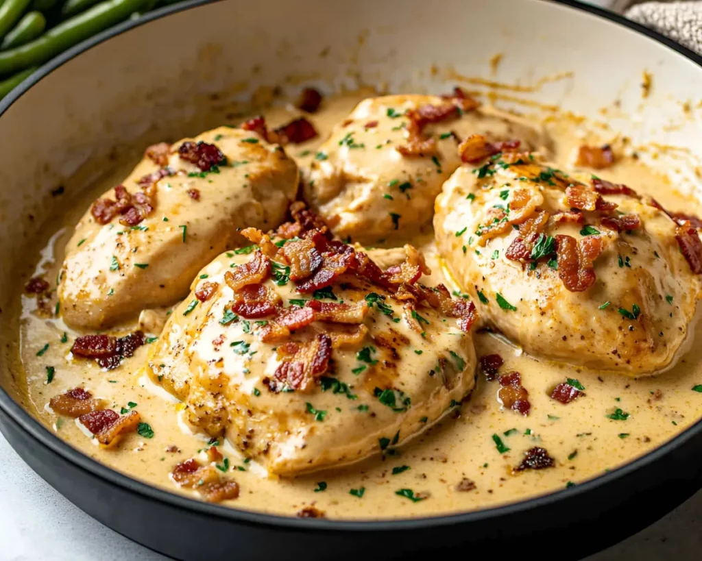 Chicken in creamy sauce with bacon in skillet