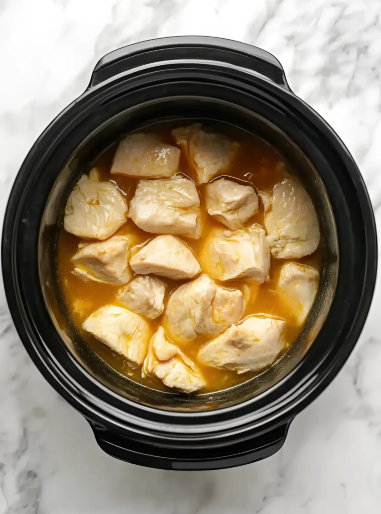 Chicken pieces cooking in broth in a slow cooker