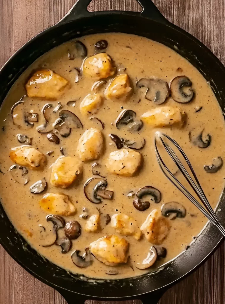 Chicken pieces in creamy mushroom sauce with sliced mushrooms in skillet