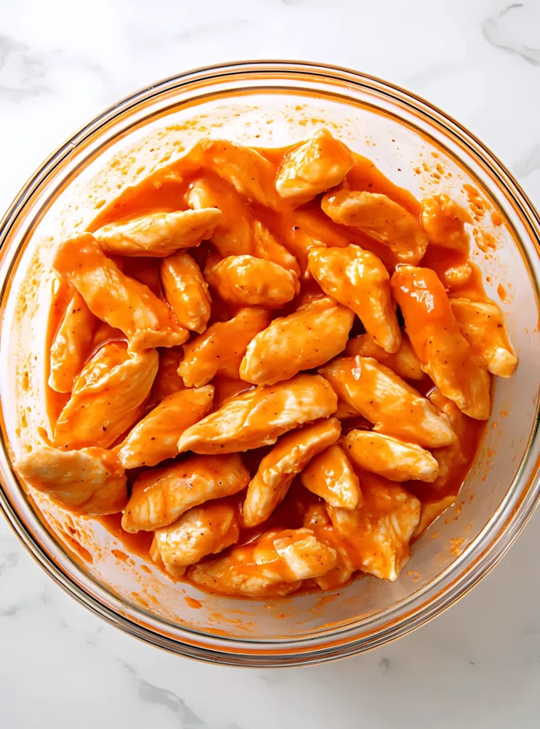 Chicken pieces marinating in orange buffalo sauce