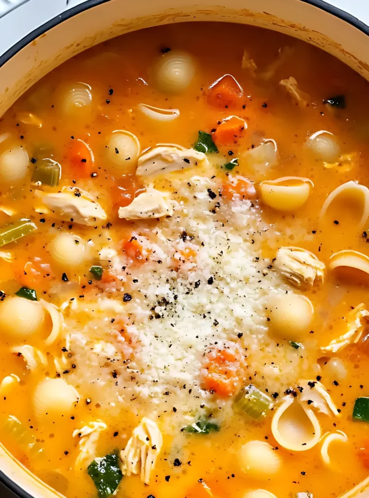 Chicken soup with pasta simmering in a pot
