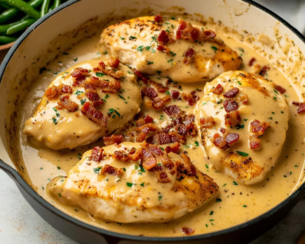 Chicken with sauce and bacon on dinner plate with green beans and mashed potatoes