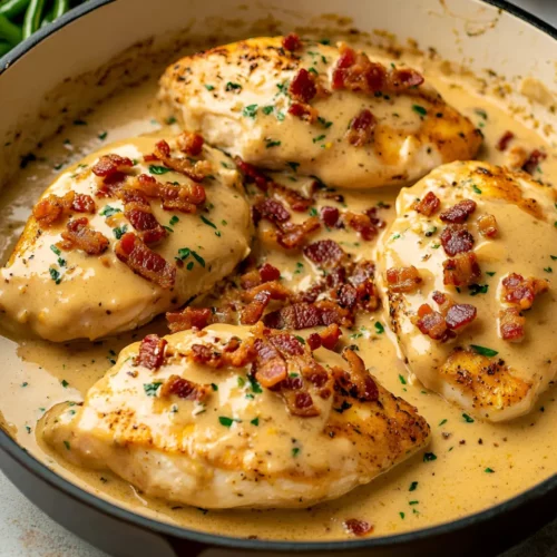 Chicken with sauce and bacon on dinner plate with green beans and mashed potatoes