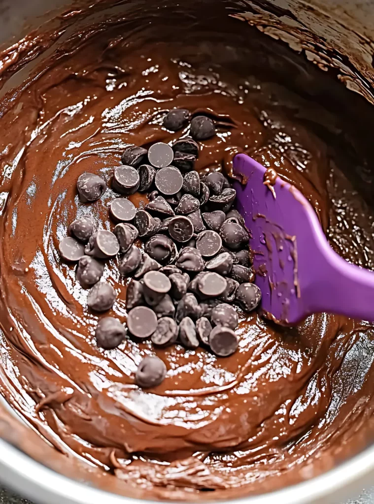 Chocolate batter in mixing bowl with chocolate chips
