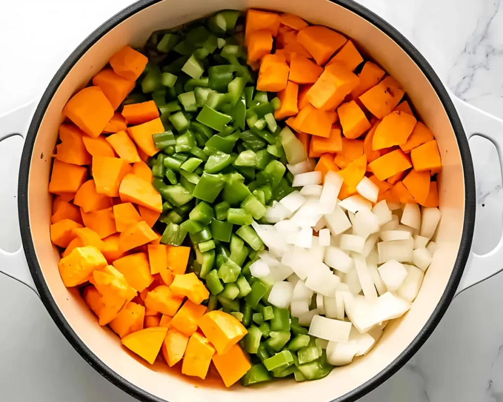 Chopped ingredients for sweet potato chili in pot