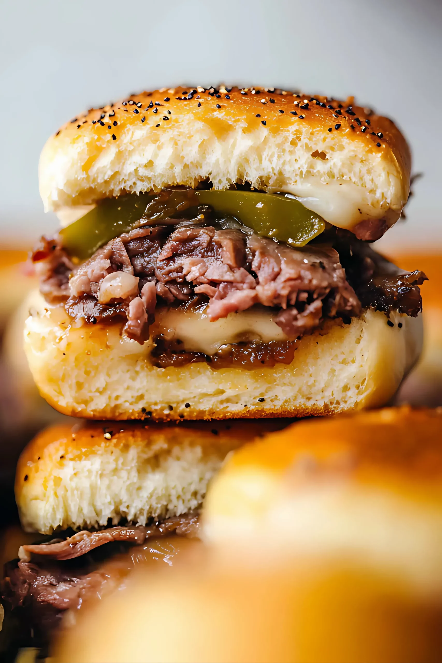 Close-up of a Philly cheesesteak slider with beef and green pepper