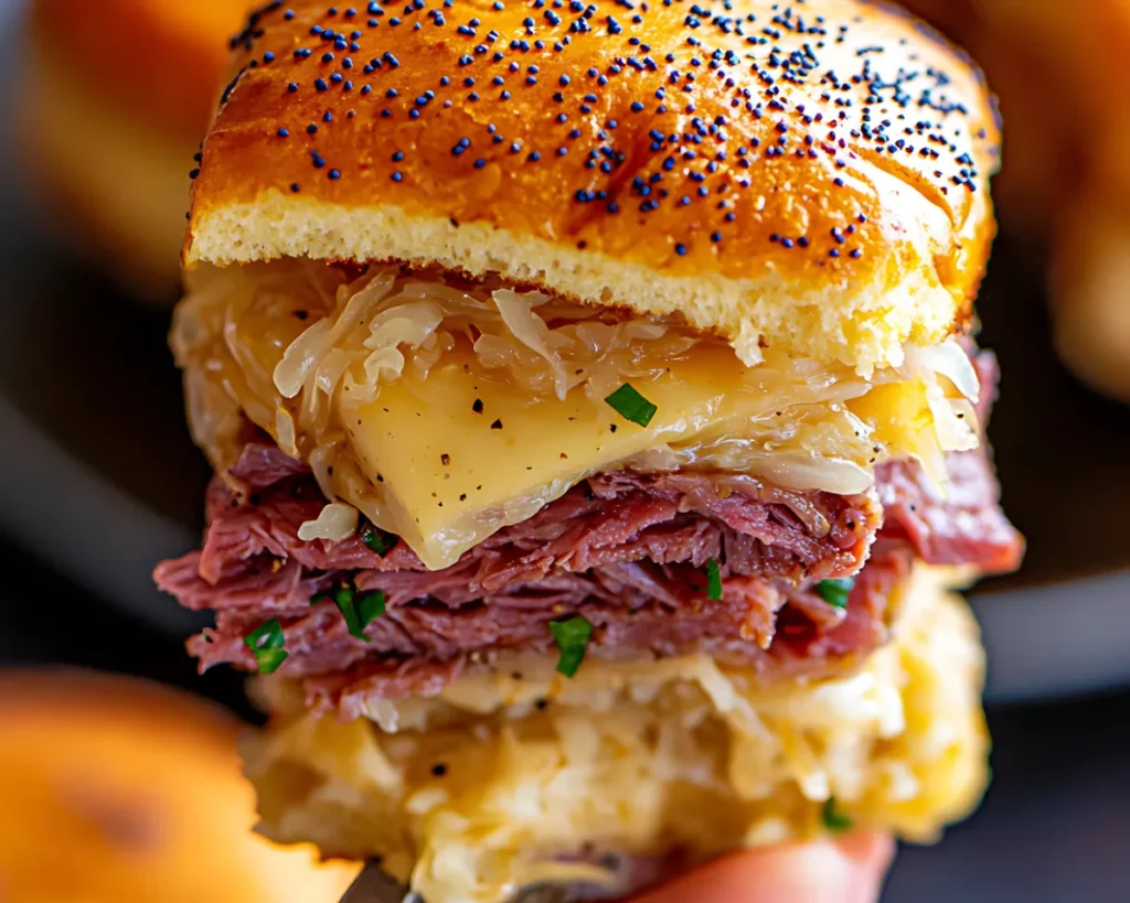 Close-up of a Reuben slider with melted cheese and sauerkraut on a fork