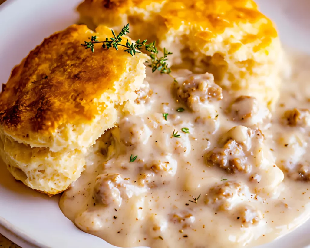 Close-up of a biscuit with sausage gravy sprinkled with thyme