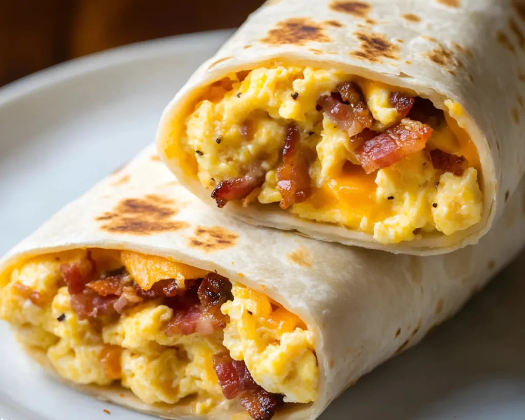 Close-up of bacon breakfast burrito halves showing bacon and scrambled eggs