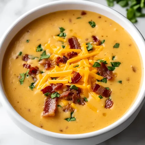Close-up of bacon cheeseburger soup in a bowl