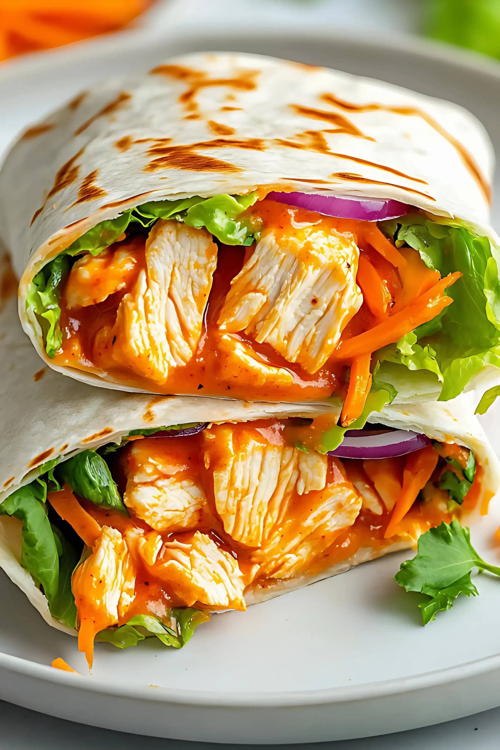 Close-up of buffalo chicken wrap on plate