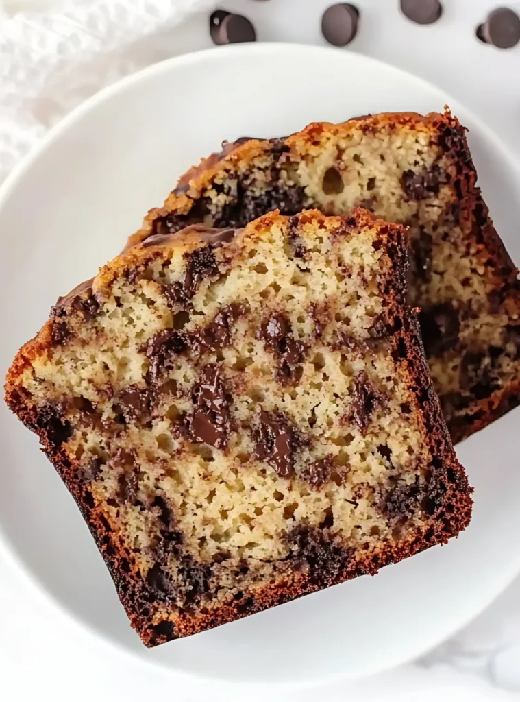 Close-up of chocolate chip banana bread slices on a plate