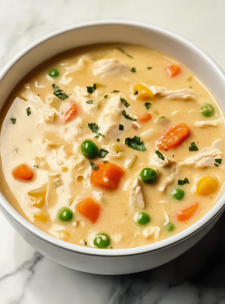 Close-up of creamy chicken pot pie soup with vegetables in a white bowl