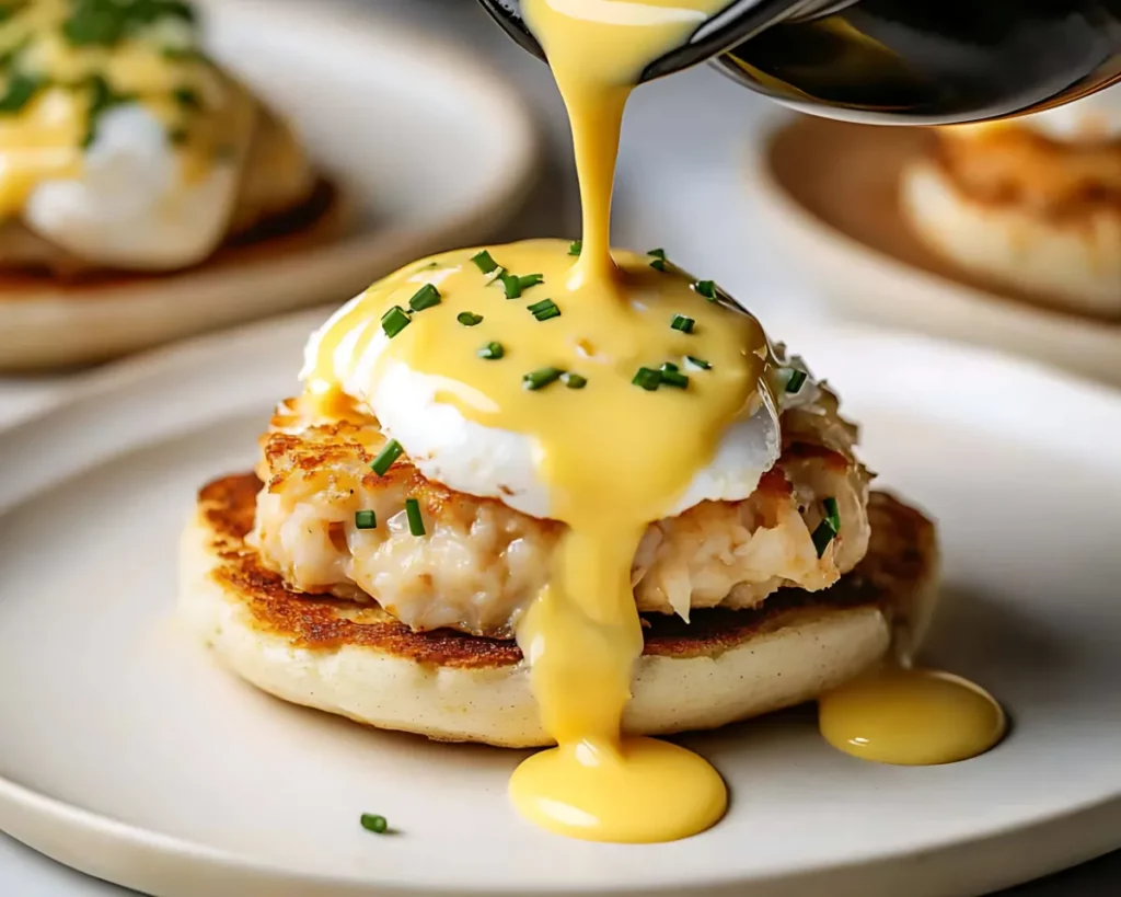 Close-up of hollandaise sauce pouring on poached egg and crab cake
