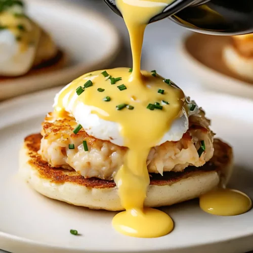 Close-up of hollandaise sauce pouring on poached egg and crab cake