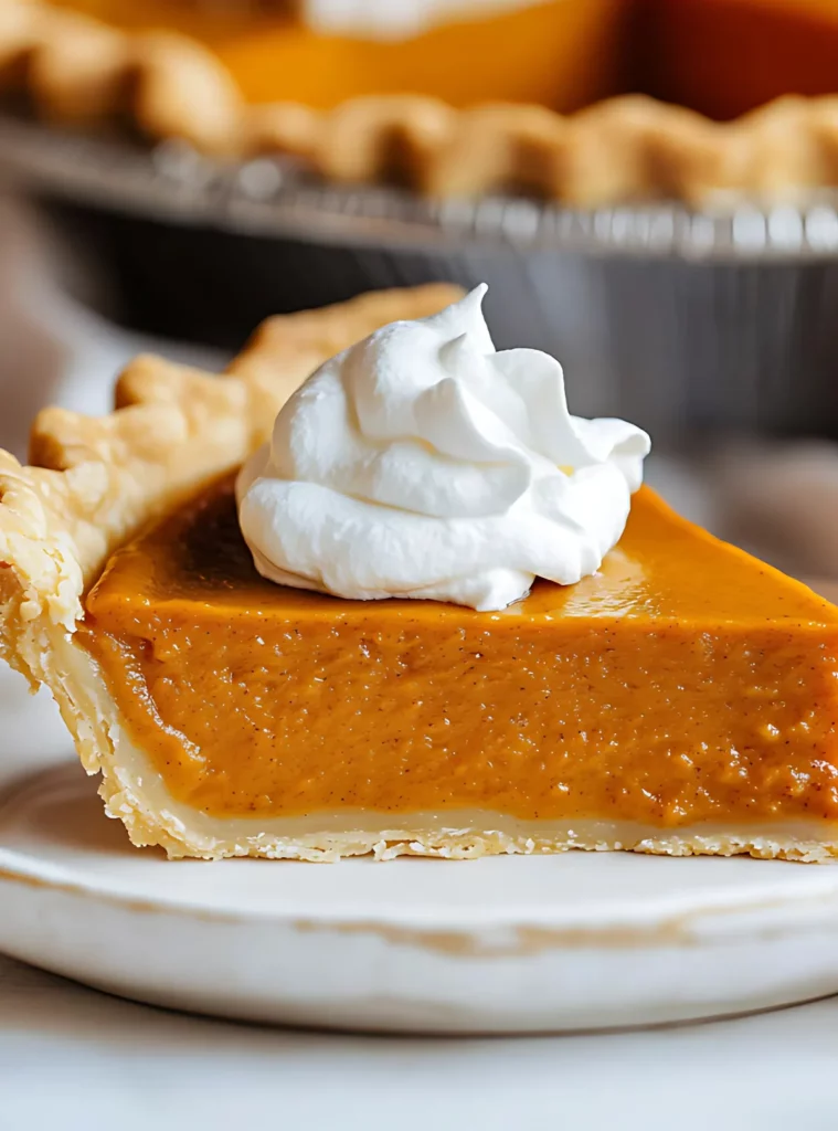 Close-up of pumpkin pie slice with whipped cream
