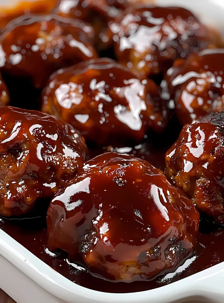 Close-up of shiny barbecue sauce coated meatballs in a white dish