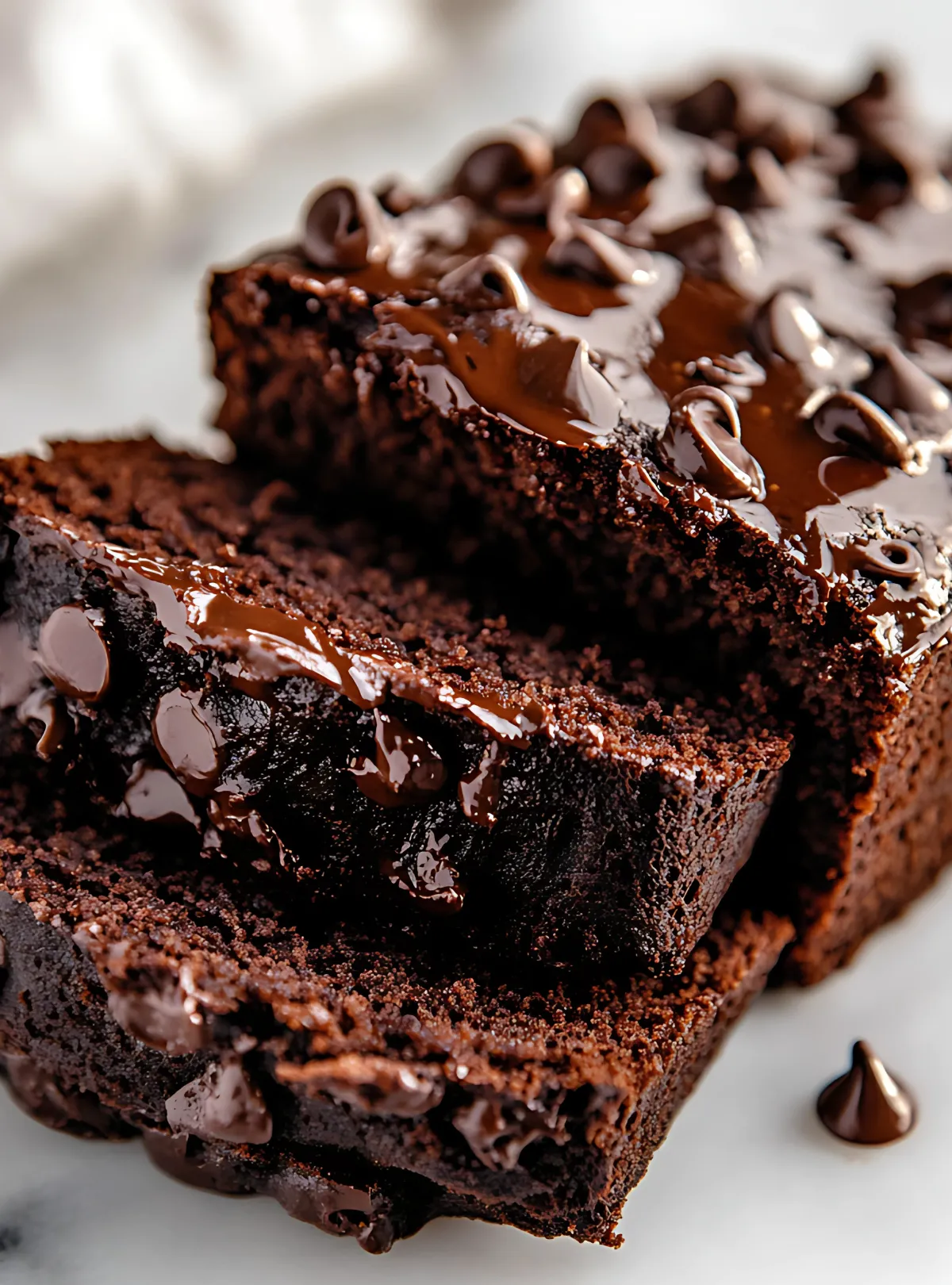 Close-up of sliced double chocolate banana bread with melted chocolate on top