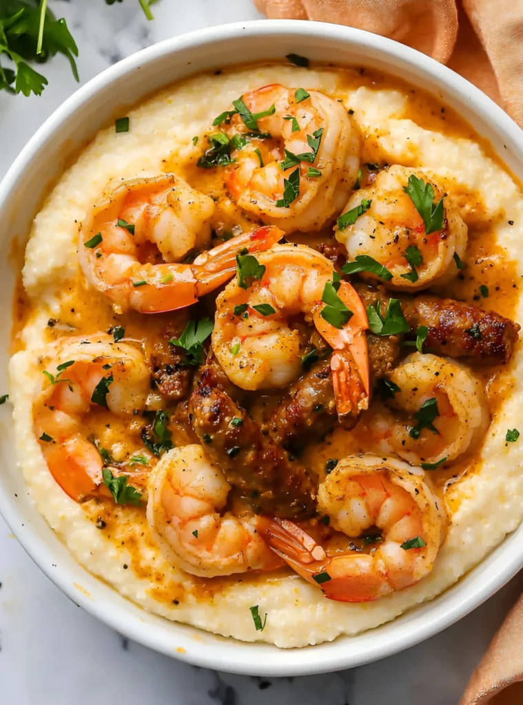 Complete dish of shrimp and grits in white bowl