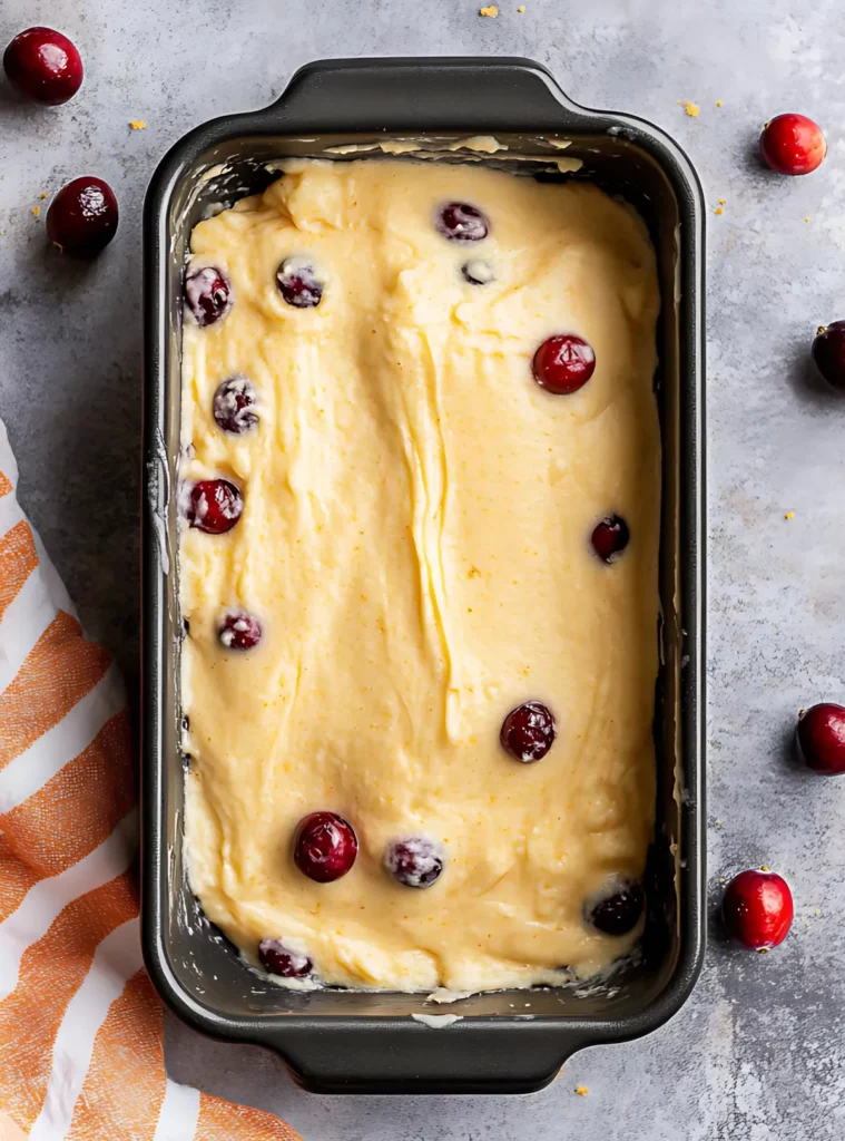 Cranberry batter in loaf tin