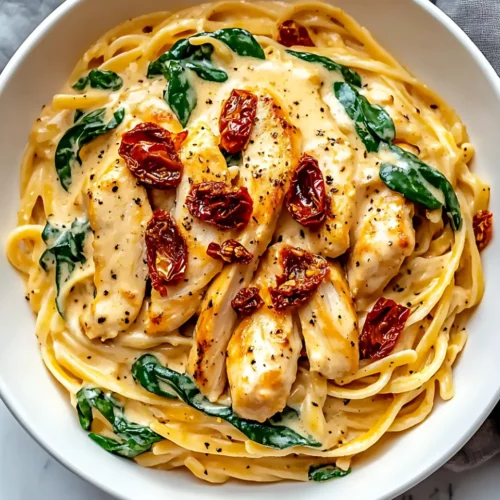 Creamy chicken pasta with spinach and sun-dried tomatoes in a white bowl